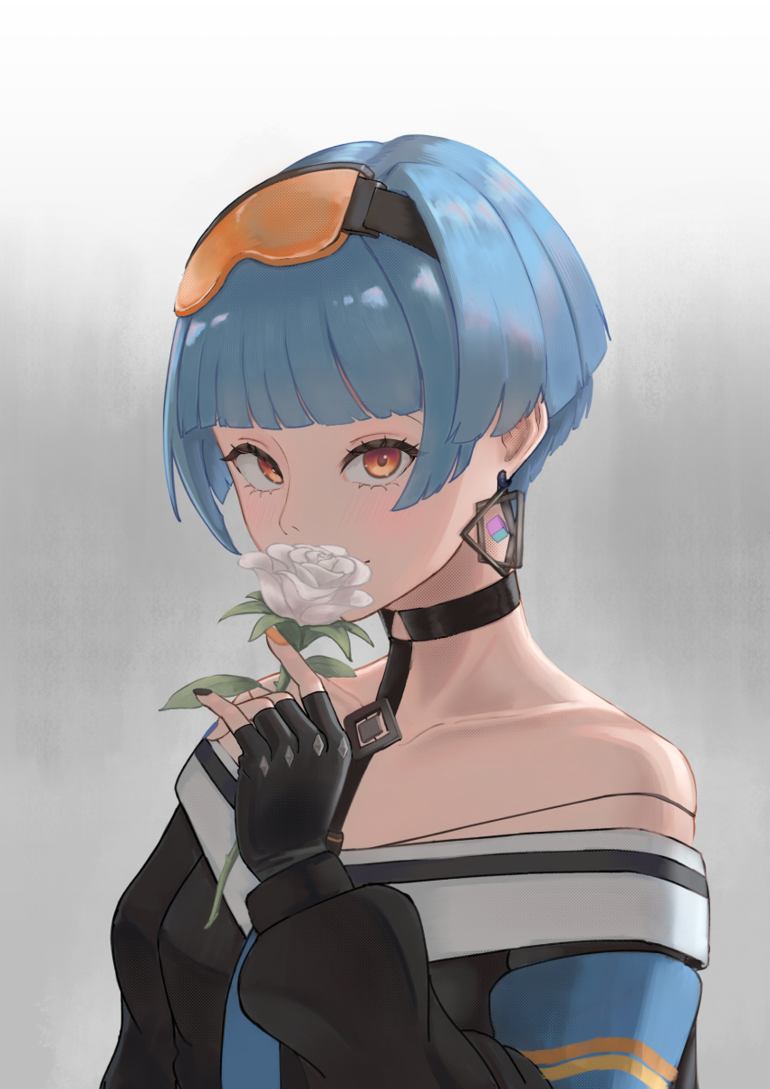 1girl, bare_shoulders, black_choker, black_dress, black_gloves, black_nails, blue_hair, blue_nails