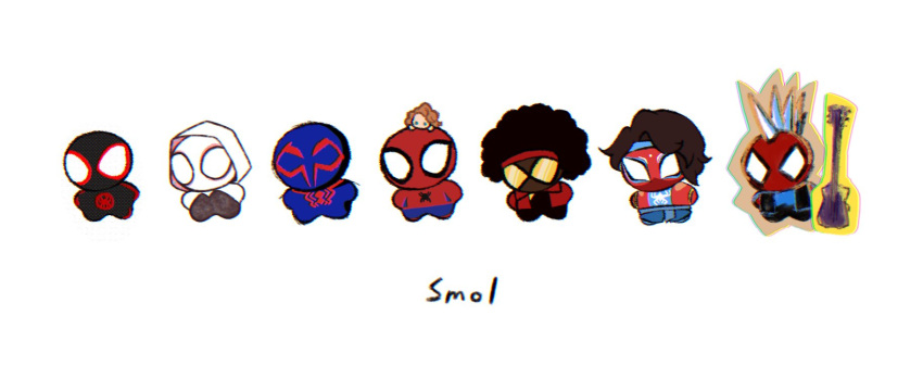 2girls, 5boys, afro, aida_(aidacamelia0516), black_bodysuit, bodysuit, chibi, full_body