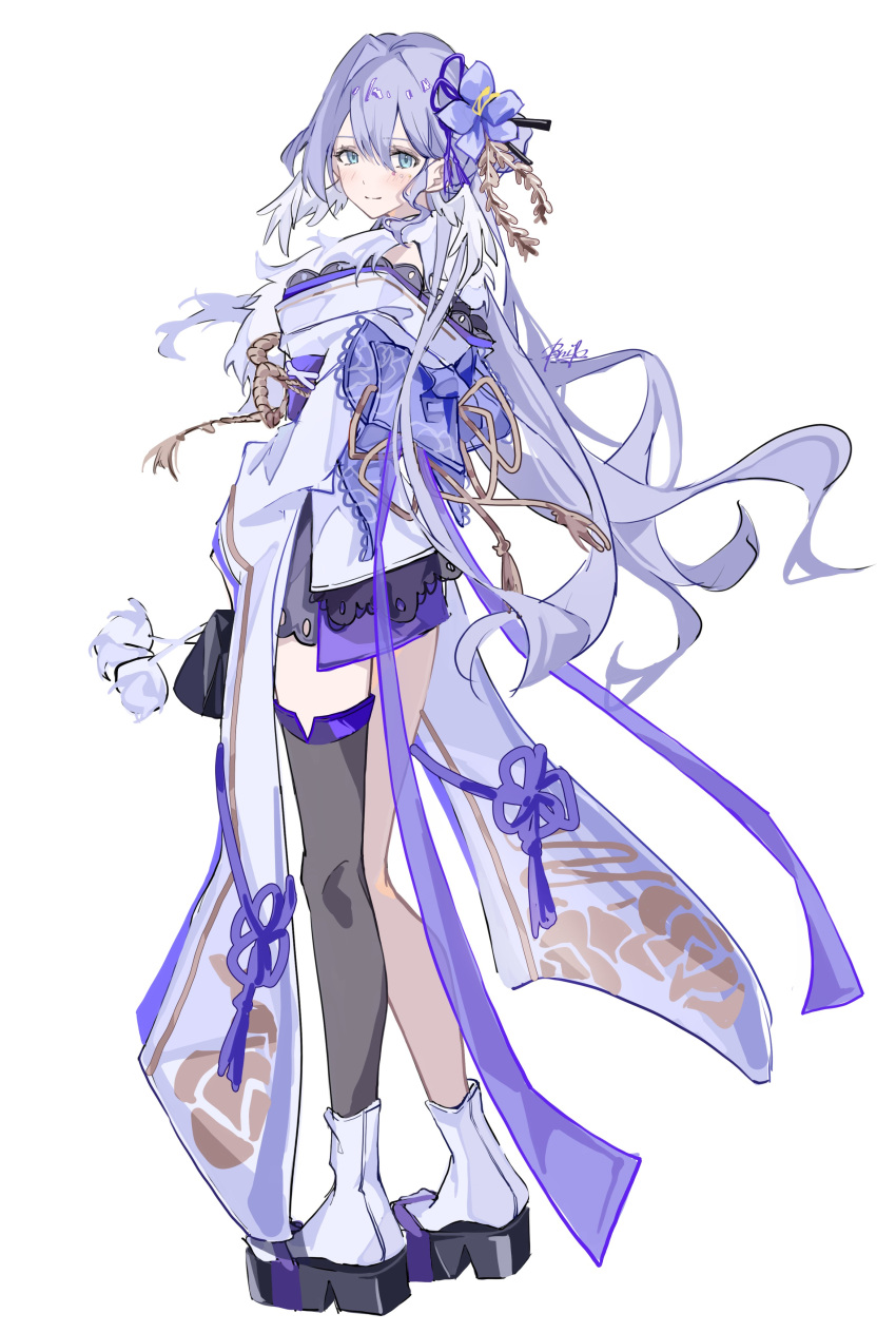 1girl, absurdres, bag, black_bag, black_footwear, blue_hair, closed_mouth, face_jewel