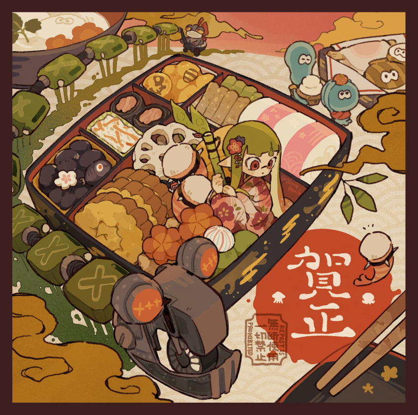 1girl, artist_name, bamboozler_14_(splatoon), blue_flower, blunt_bangs, blush_stickers, border, chopsticks