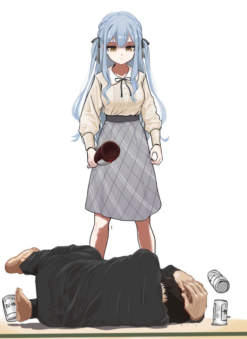 1boy, 1girl, asahi_breweries, bang_dream!, bang_dream!_it's_mygo!!!!!, barefoot, beer_can, black_pants