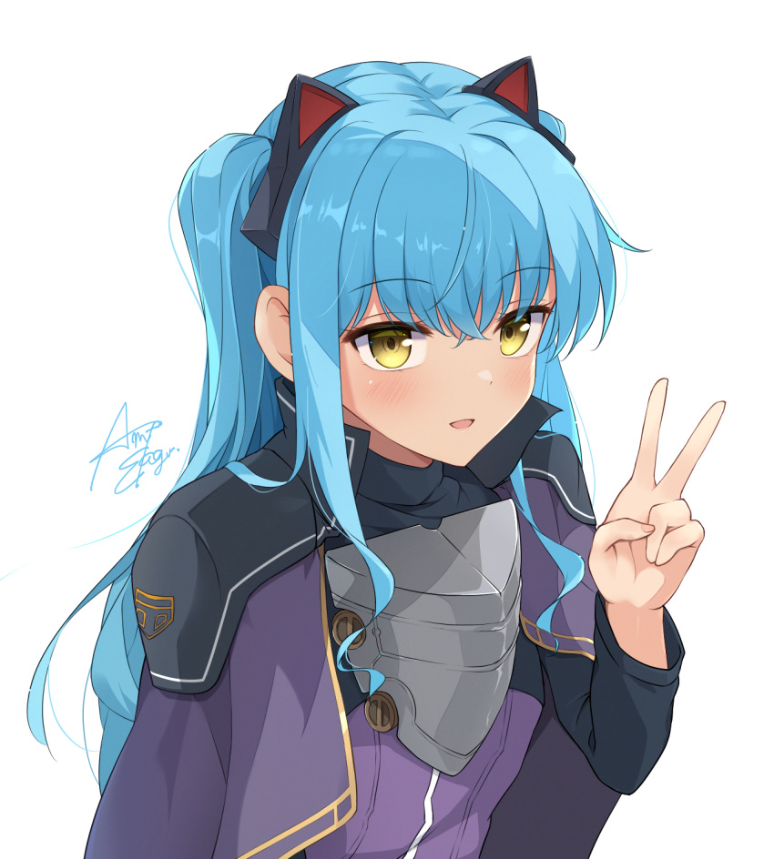 1girl, ameno_sagiri_(artist), animal_ears, blue_hair, blush, cat_ears, commentary_request, eiyuu_densetsu
