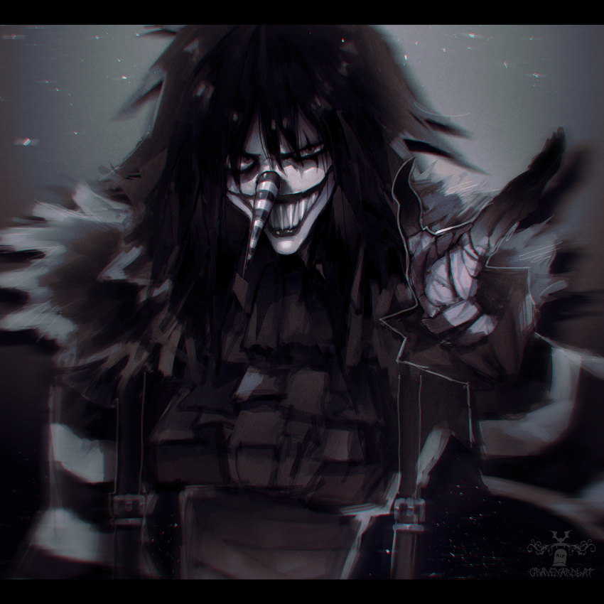 1boy, 6raveyardbat, absurdres, bags_under_eyes, bandaged_hand, bandages, blurry, chromatic_aberration