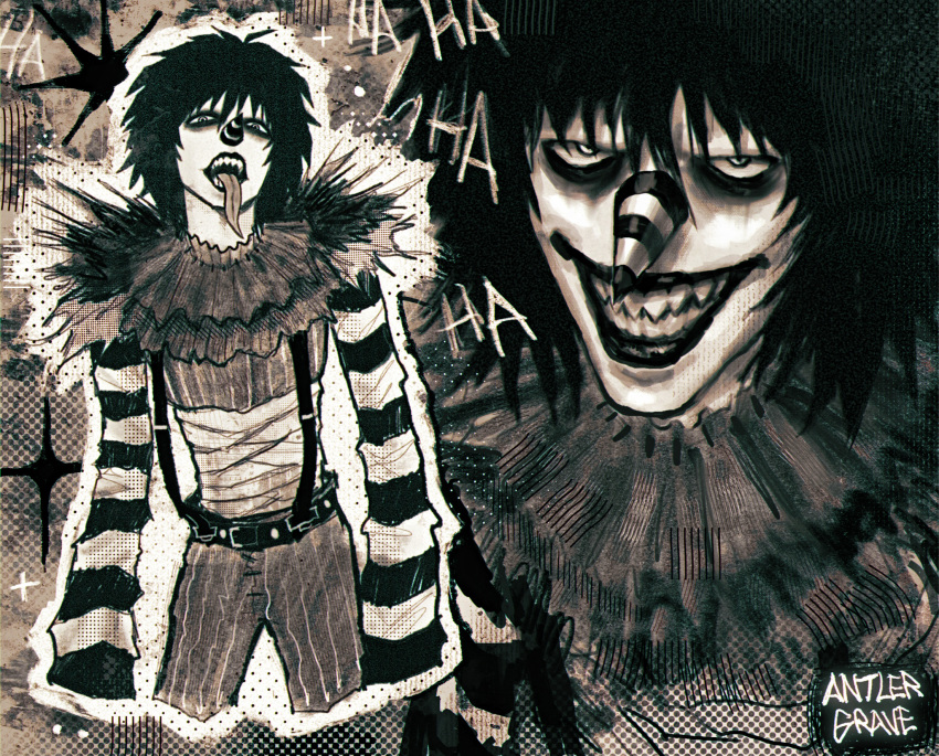 1boy, antlergrave, artist_name, bags_under_eyes, bandaged_torso, belt, creepypasta, cropped_legs