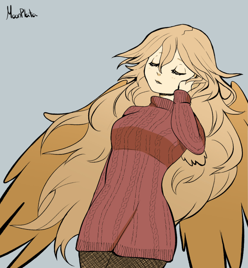 1girl, angel, angel_wings, blonde_hair, closed_eyes, feathered_wings, funamusea, highres