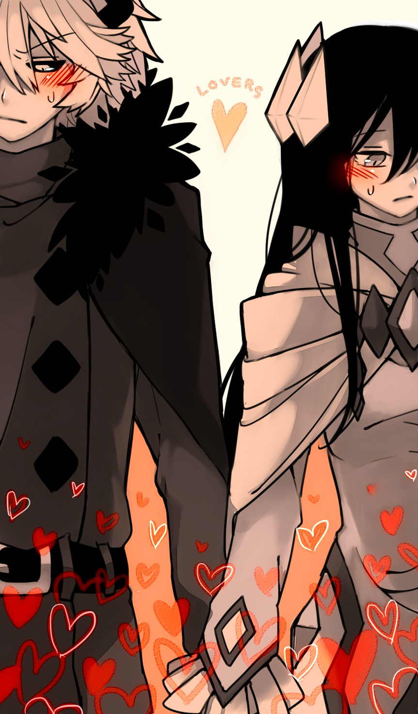 1boy, 1girl, amasonakius, black_hair, blush, demon_boy, demon_horns, dress, etihw_(funamusea), funamusea, heart, highres, horns, kcalb_(funamusea), long_hair, sweatdrop, very_long_hair, white_dress, white_hair