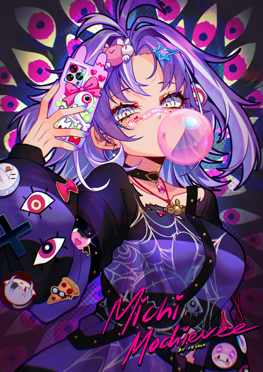1girl, absurdres, badge, bandaid, bandaid_on_face, bandaid_on_nose, black_shirt, cellphone, chewing_gum, geega_(vtuber), grey_hair, hair_ornament, hen_squad_(henya_the_genius), highres, holding, holding_phone, looking_at_viewer, medium_hair, michi_mochievee, michi_mochievee_(3rd_costume), multicolored_hair, nail_polish, phone, purple_hair, purple_nails, purple_shirt, shirt, smartphone, star_(symbol), star_hair_ornament, streaked_hair, virtual_youtuber, vshojo, white_hair, xeapher