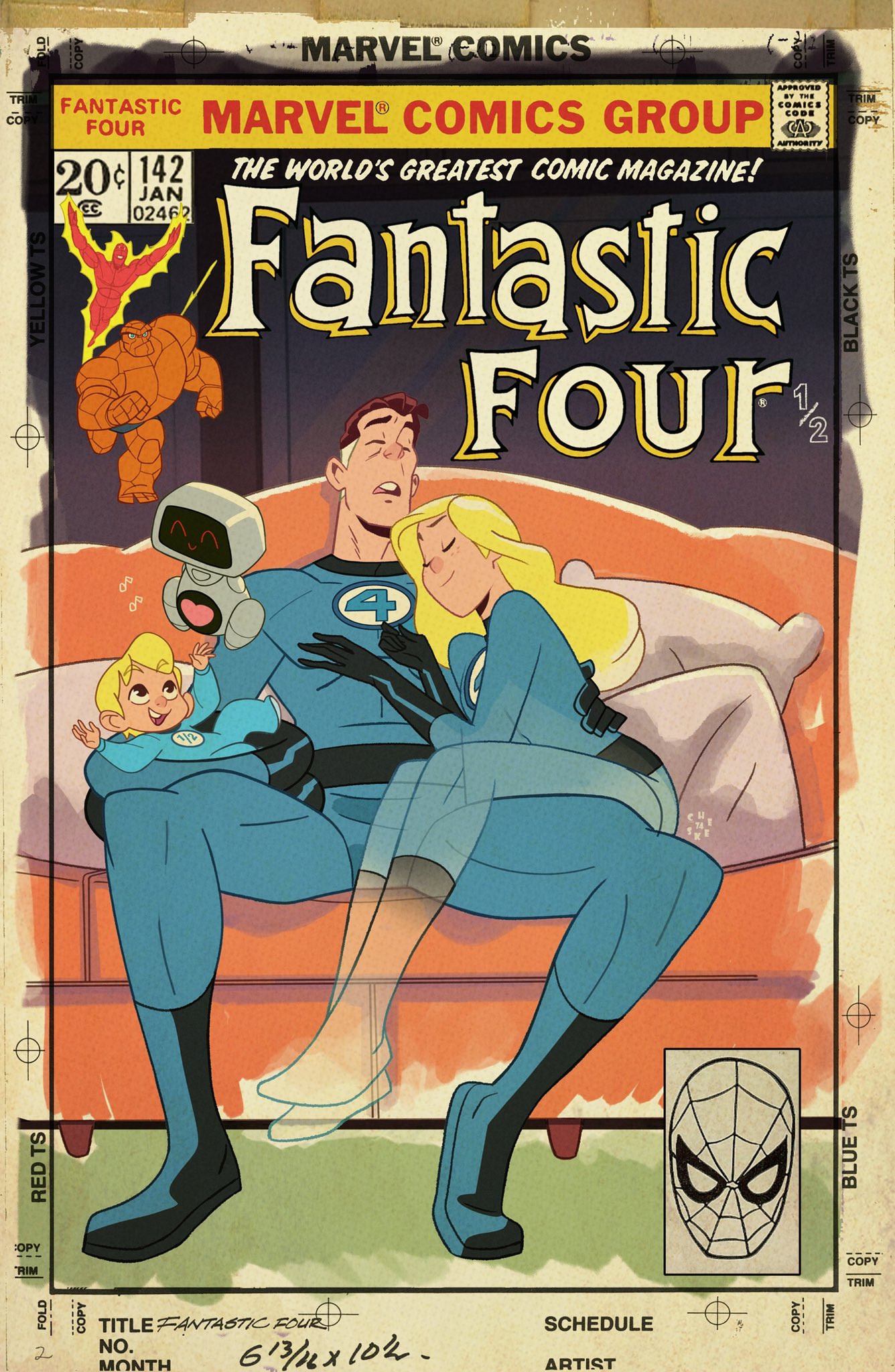 1girl, baby, ben_grimm, blonde_hair, blue_jumpsuit, brown_hair, comic_cover, couch, fantastic_four, flying, franklin_richards, h.e.r.b.i.e., highres, johnny_storm, jumpsuit, long_hair, marvel, me_seangalloway, multiple_boys, on_couch, pillow, reed_richards, robot, sean_galloway, short_hair, sleeping, sue_storm, superhero_costume, transparent_limb