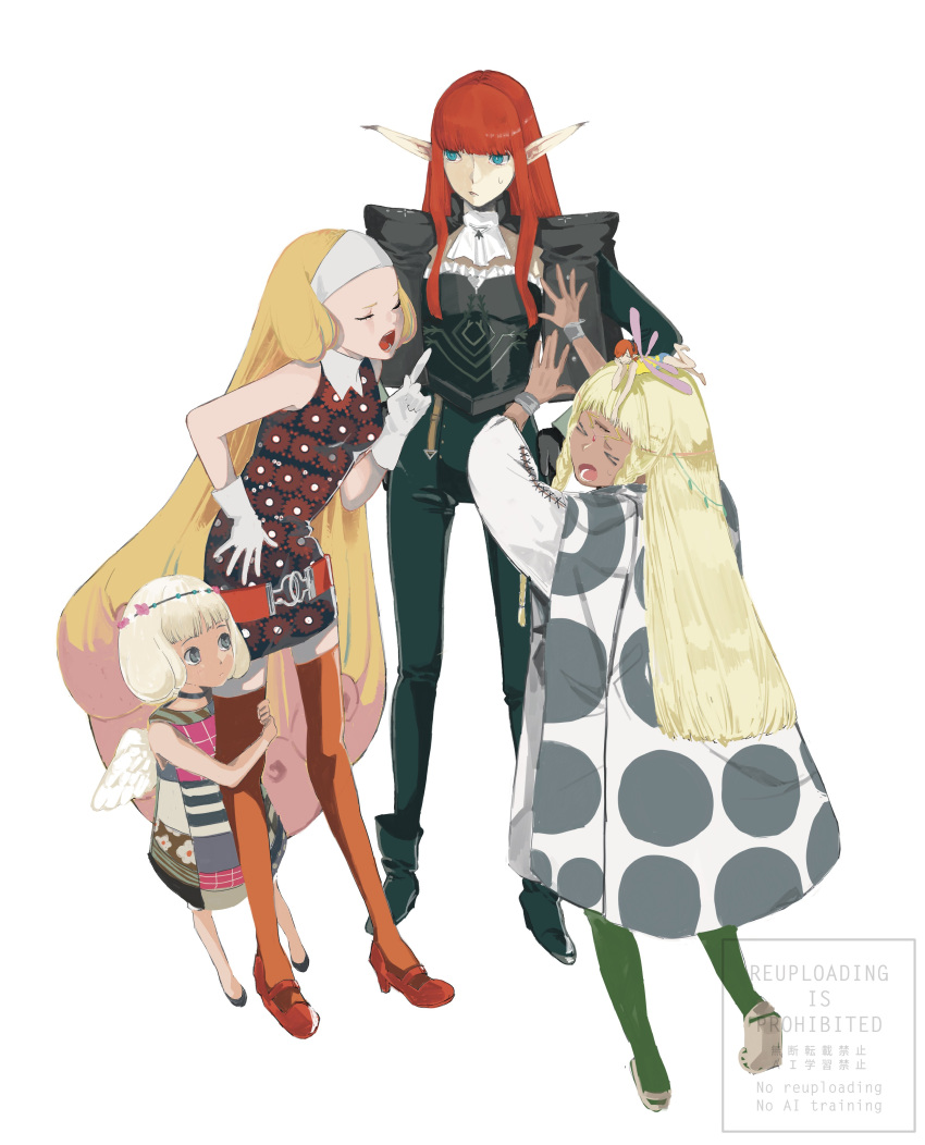 >_<, 5girls, absurdres, angel_wings, ascot, belt, black_bustier, black_footwear, blonde_hair, blue_eyes, boots, closed_eyes, dark-skinned_female, dark_skin, eupha_(metaphor:_refantazio), fairy, frilled_bustier, gallica_(metaphor:_refantazio), gloves, green_pantyhose, grey_eyes, head_wreath, headband, hhhuzh, highres, hime_cut, hulkenberg_(metaphor:_refantazio), junah_(metaphor:_refantazio), long_hair, long_pointy_ears, maria_(metaphor:_refantazio), metaphor:_refantazio, multiple_girls, open_mouth, pantyhose, pointy_ears, redhead, short_hair, simple_background, standing, sweat, very_long_hair, watermark, white_ascot, white_background, white_gloves, white_hair, white_headband, wings