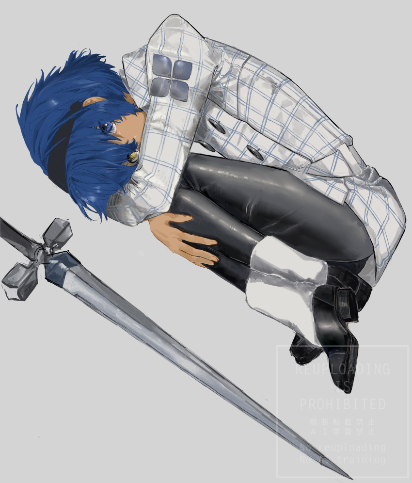 1boy, absurdres, black_pants, blue_eyes, blue_hair, curled_up, grey_background, heterochromia, hhhuzh, highres, jacket, looking_at_viewer, male_focus, metaphor:_refantazio, pants, protagonist_(metaphor:_refantazio), simple_background, sword, watermark, weapon, white_jacket, yellow_eyes