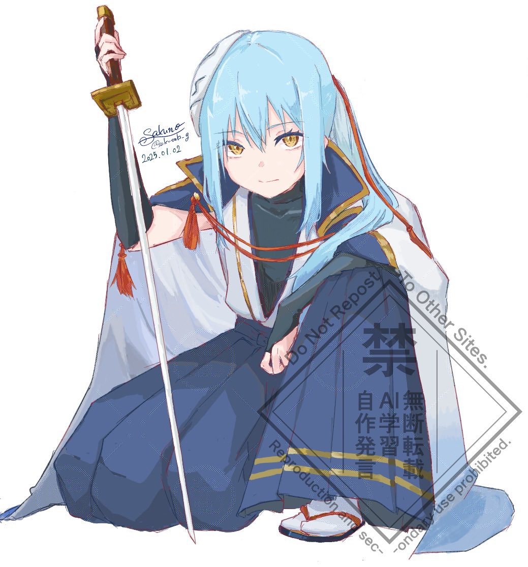 1other, blue_hair, blue_hakama, cape, commentary_request, dated, hakama, holding