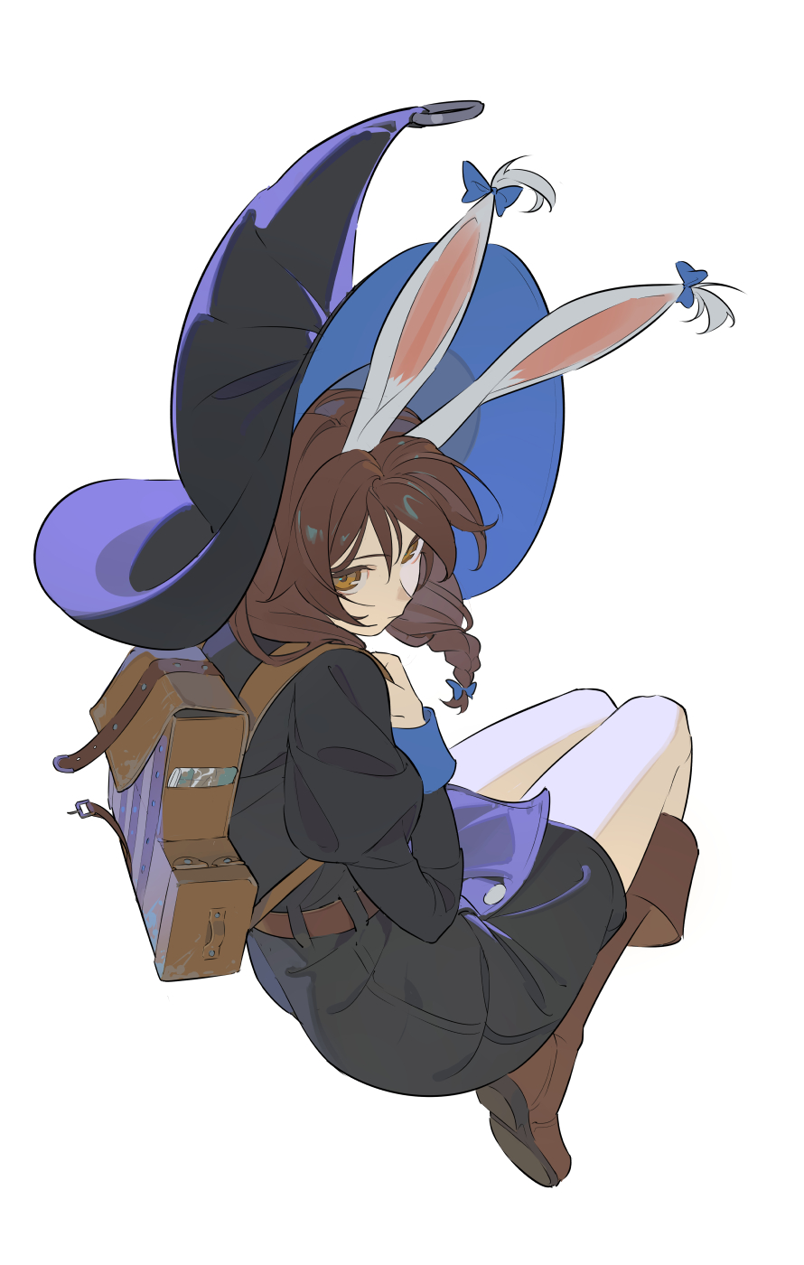1girl, animal_ears, backpack, bag, black_shirt, black_skirt, boots, braid, brown_bag, brown_eyes, brown_footwear, brown_hair, bunny_girl_(timbougami), commentary, full_body, hat, highres, long_hair, original, purple_hat, rabbit_ears, shirt, simple_background, skirt, solo, symbol-only_commentary, timbougami, white_background, witch_hat