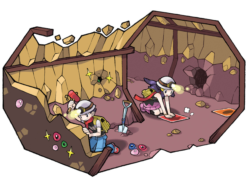 1boy, 1girl, :d, artist_request, backpack, bag, black_hair, black_pants