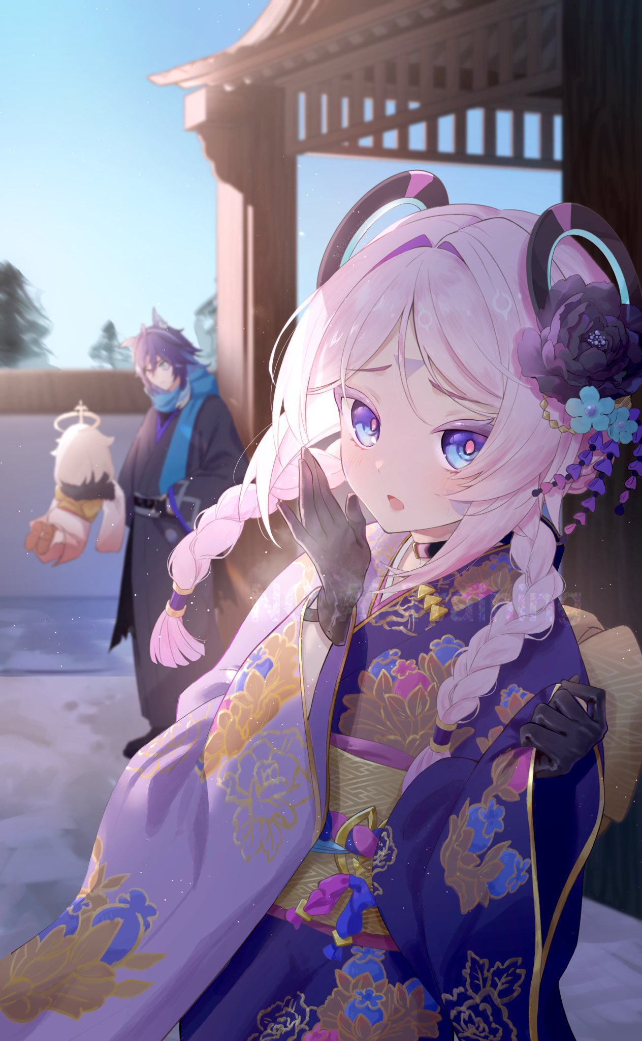 1boy, 2girls, alternate_costume, black_gloves, blue_eyes, braid, citlali_(genshin_impact), facial_mark