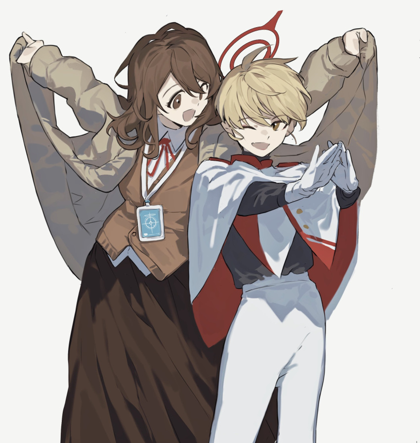 2girls, adapted_costume, black_undershirt, blonde_hair, blue_archive, brown_cardigan, brown_coat, brown_eyes