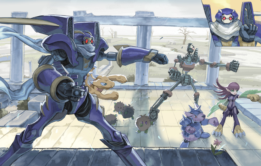 1girl, 3boys, absurdres, ancient_gear_frame, baby_dragon, beaver_warrior, duel_monster, exercising