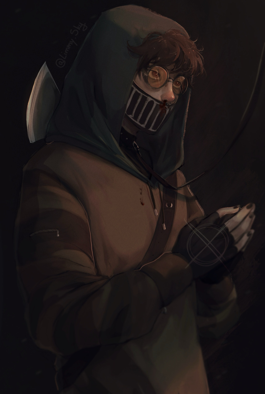 1boy, axe, black_background, black_gloves, black_mask, black_nails, blood, brown_eyes, brown_hoodie, brown_theme, commentary, creepypasta, drawstring, english_commentary, fingerless_gloves, gloves, goggles, grey_hood, highres, hood, hood_up, hoodie, instagram_username, leash, limmysky, looking_ahead, male_focus, mask, mouth_mask, nail_polish, nose_piercing, nosebleed, orange-tinted_eyewear, own_hands_together, piercing, short_hair, simple_background, solo, ticci_toby, tinted_eyewear, upper_body, upturned_eyes, weapon, weapon_on_back