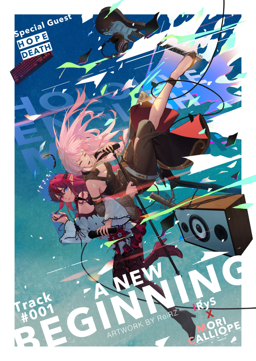 2girls, absurdres, asymmetrical_legwear, black_dress, breasts, computer_keyboard, dress, falling