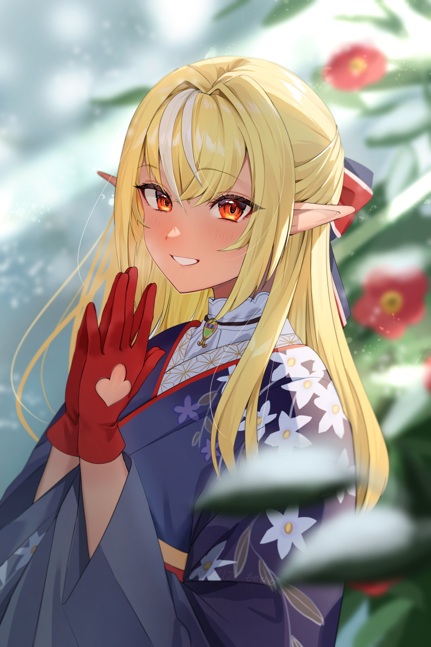 1girl, :d, absurdres, blonde_hair, blue_kimono, blurry, blurry_background, blurry_foreground
