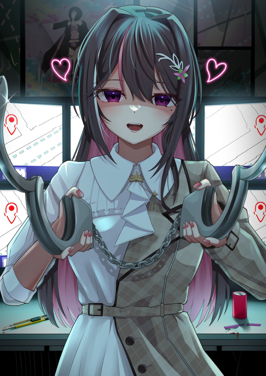 1girl, azki_(4th_costume)_(hololive), azki_(hololive), boxcutter, brown_hair, collared_dress, colored_inner_hair, commentary_request