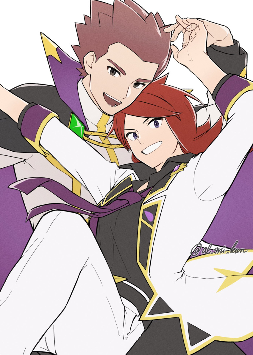 2boys, cape, coat, collared_shirt, commentary_request, flipped_hair, gem, green_gemstone