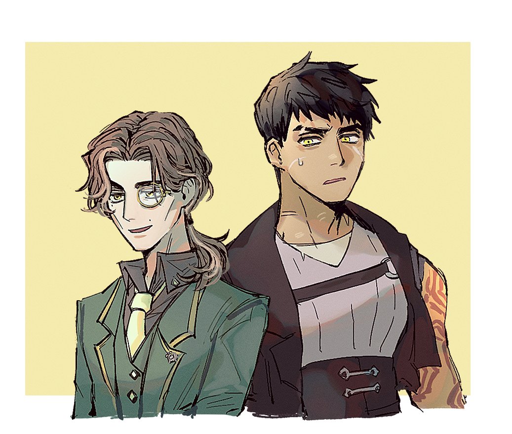 2boys, alternate_universe, arcane:_league_of_legends, arcane_jayce, arcane_viktor, arm_tattoo, black_hair, border, brown_hair, collared_shirt, jacket, jayce_(league_of_legends), league_of_legends, limxaewon, low_ponytail, male_focus, mole, mole_above_mouth, mole_under_eye, monocle, multiple_boys, necktie, shirt, short_hair, simple_background, smile, sweatdrop, tattoo, viktor_(league_of_legends), white_border, yellow_background, yellow_eyes