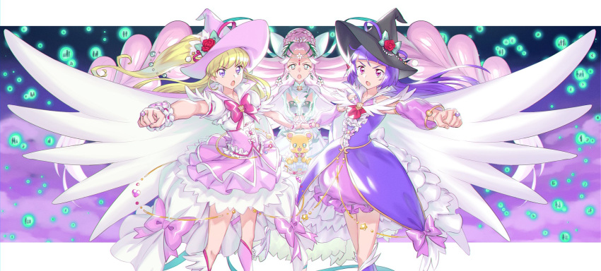 3girls, asahina_mirai, blonde_hair, bow, clenched_hand, clouds, dress, flower