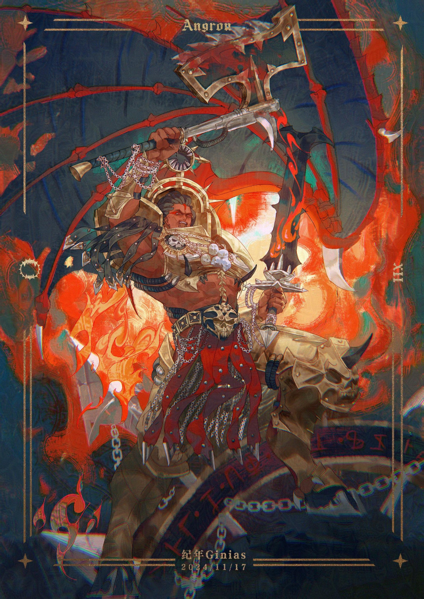 1boy, abs, absurdres, angron, armor, artist_name, axe, blurry