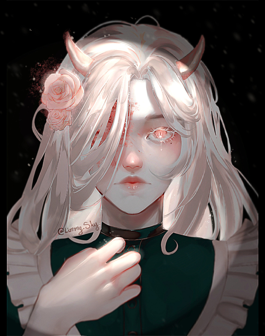 aegyo_sal, black_background, closed_mouth, colored_eyelashes, colored_skin, commentary, english_commentary, flower