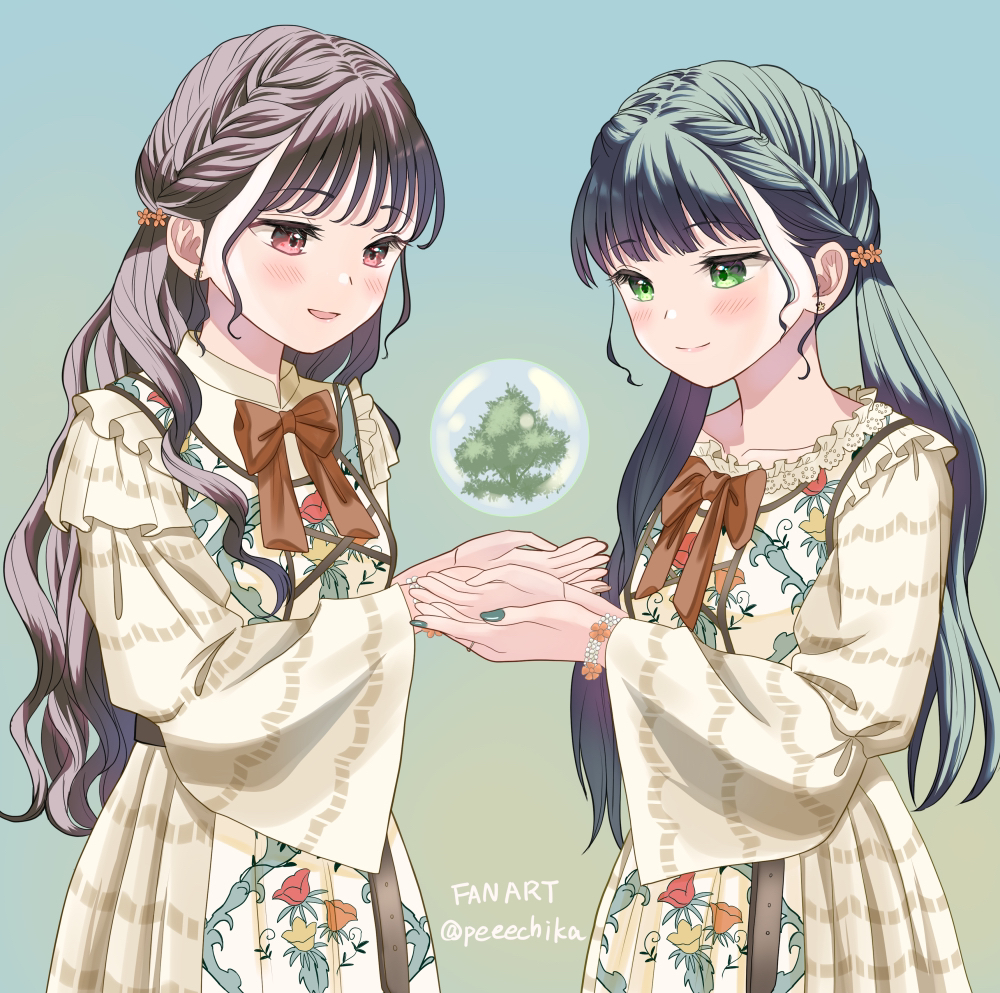 2girls, :d, aqua_background, artist_name, blush, bow, bowtie, bracelet