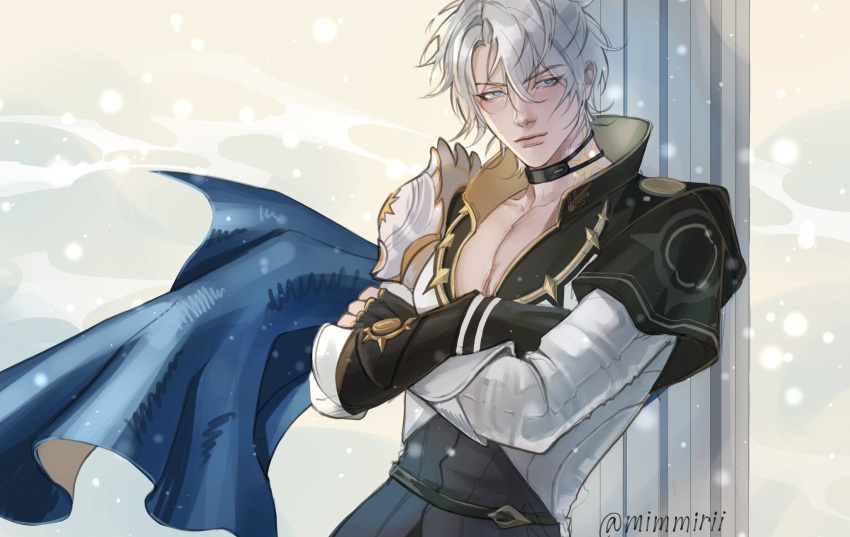 1boy, armor, blue_eyes, cape, choker, closed_mouth, coat, collared_coat