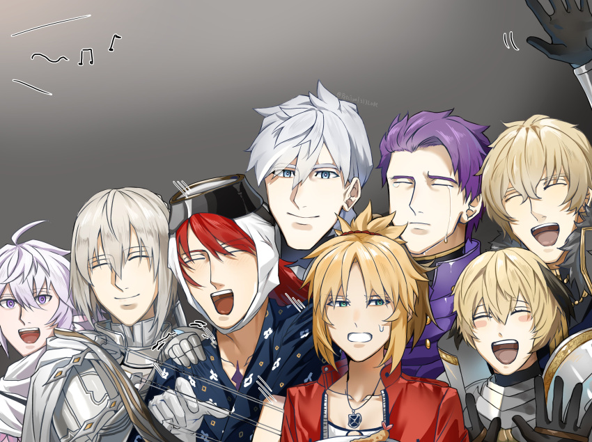 2girls, 6+boys, absurdres, ahoge, armor, bedivere_(fate), black_hair, blonde_hair