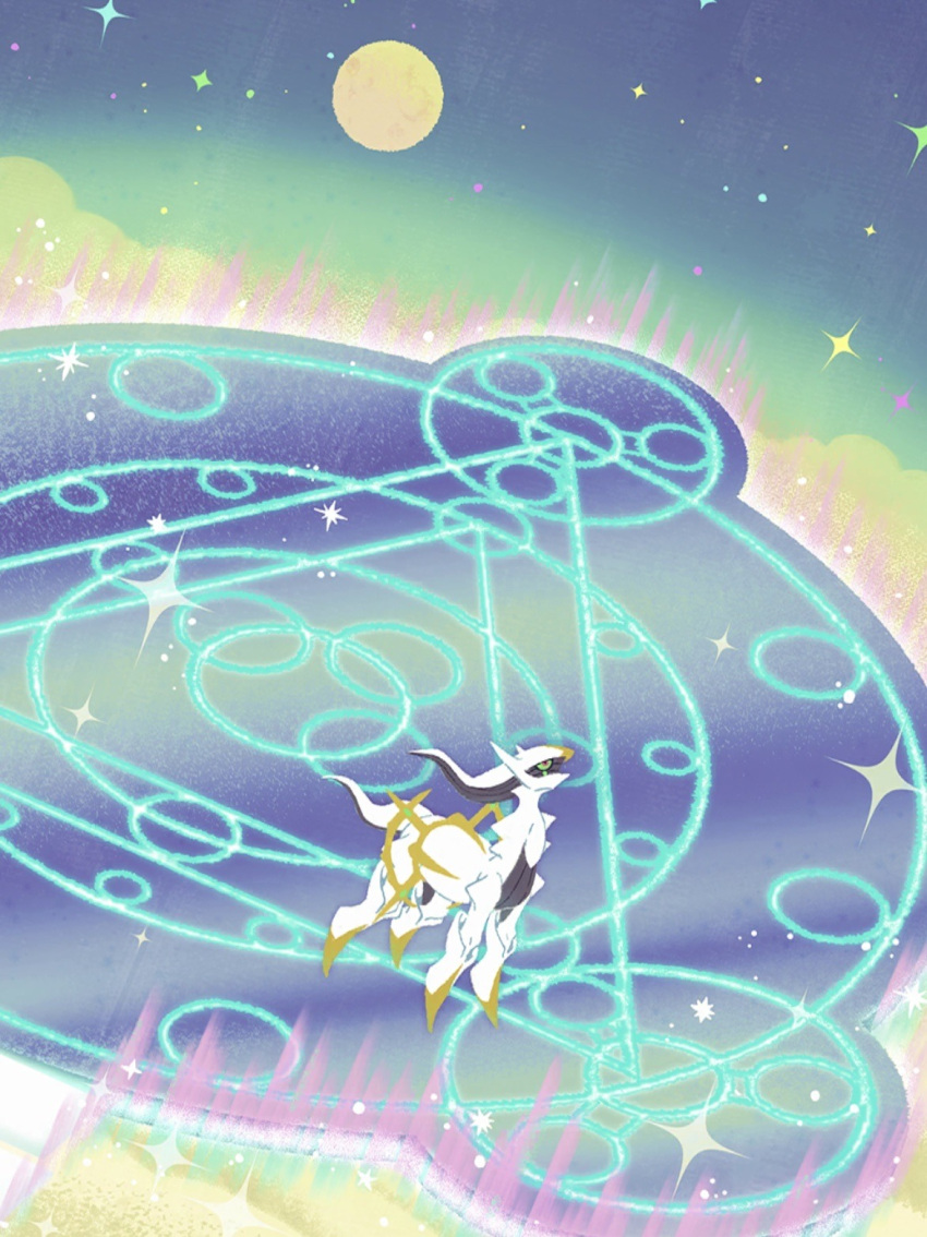 arceus, artist_request, colored_sclera, commentary, english_commentary, full_body, full_moon, green_sclera