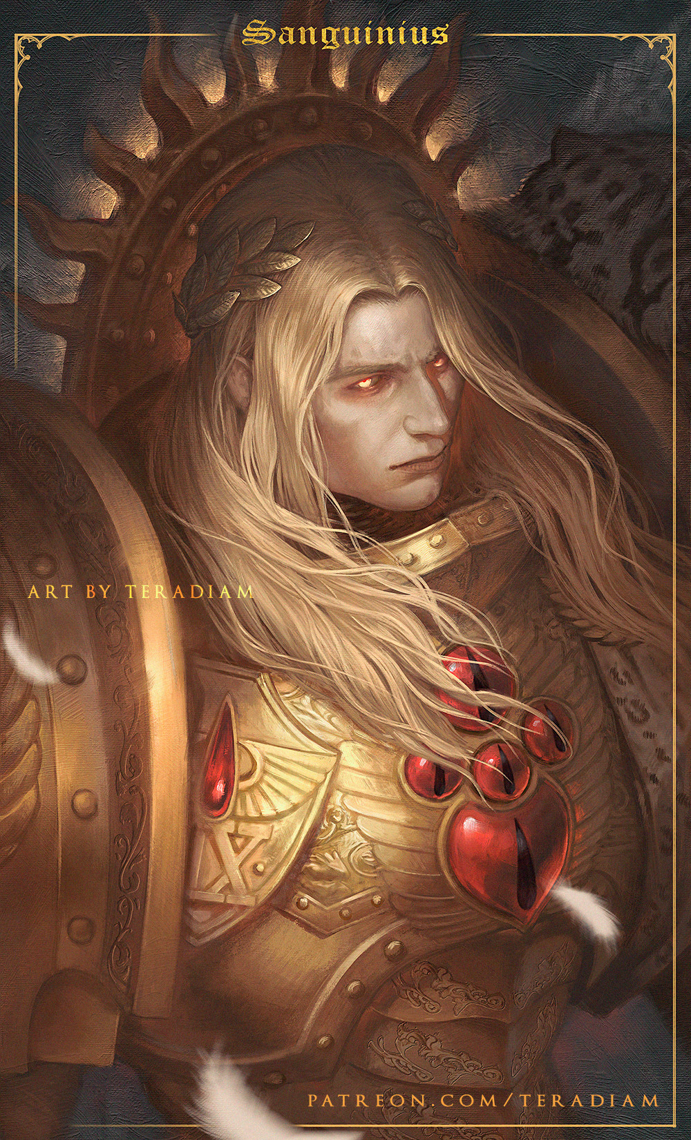 1boy, armor, artist_name, blonde_hair, blood_angels, blurry, border, breastplate, character_name, closed_mouth, commentary, depth_of_field, english_commentary, engraved_armor, eyes_of_horus_(warhammer_40k), feathers, gem, glowing, glowing_eyes, gold_armor, gold_border, highres, laurel_crown, leopard_pelt, long_hair, looking_at_viewer, looking_up, male_focus, ornate_armor, outside_border, patreon_username, pauldrons, pelt, power_armor, primarch, realistic, red_gemstone, regalia_resplendent, rerebrace, sanguinius, shoulder_armor, snow_leopard_pelt, solo, teradiam, upper_body, warhammer_40k, web_address, white_feathers