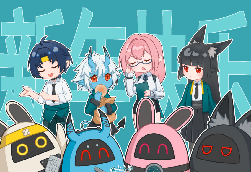 1boy, 3girls, animal_ears, asaba_harumasa, asaba_harumasa_bangboo, bangboo_(zenless_zone_zero), black_hair, black_necktie
