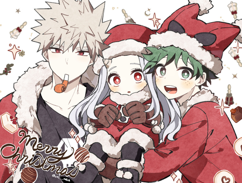 1girl, 2boys, animal_ear_headwear, bakugou_katsuki, bell, black_footwear, black_pantyhose, black_shirt, blonde_hair, blush, boku_no_hero_academia, boots, brown_gloves, chocolate, coat, coi_mha, eri_(boku_no_hero_academia), freckles, fur-trimmed_boots, fur-trimmed_coat, fur-trimmed_headwear, fur_trim, gloves, green_eyes, green_hair, grey_hair, hair_between_eyes, hat, horns, long_hair, merry_christmas, midoriya_izuku, multiple_boys, open_mouth, pantyhose, parted_lips, red_coat, red_eyes, santa_costume, santa_hat, shirt, short_hair, single_horn, smile, sparkle, spiky_hair, truffle, twitter_username