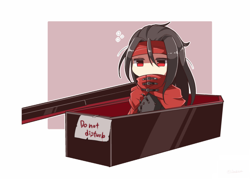 1boy, black_hair, black_shirt, border, brown_background, chibi, cloak, coffin