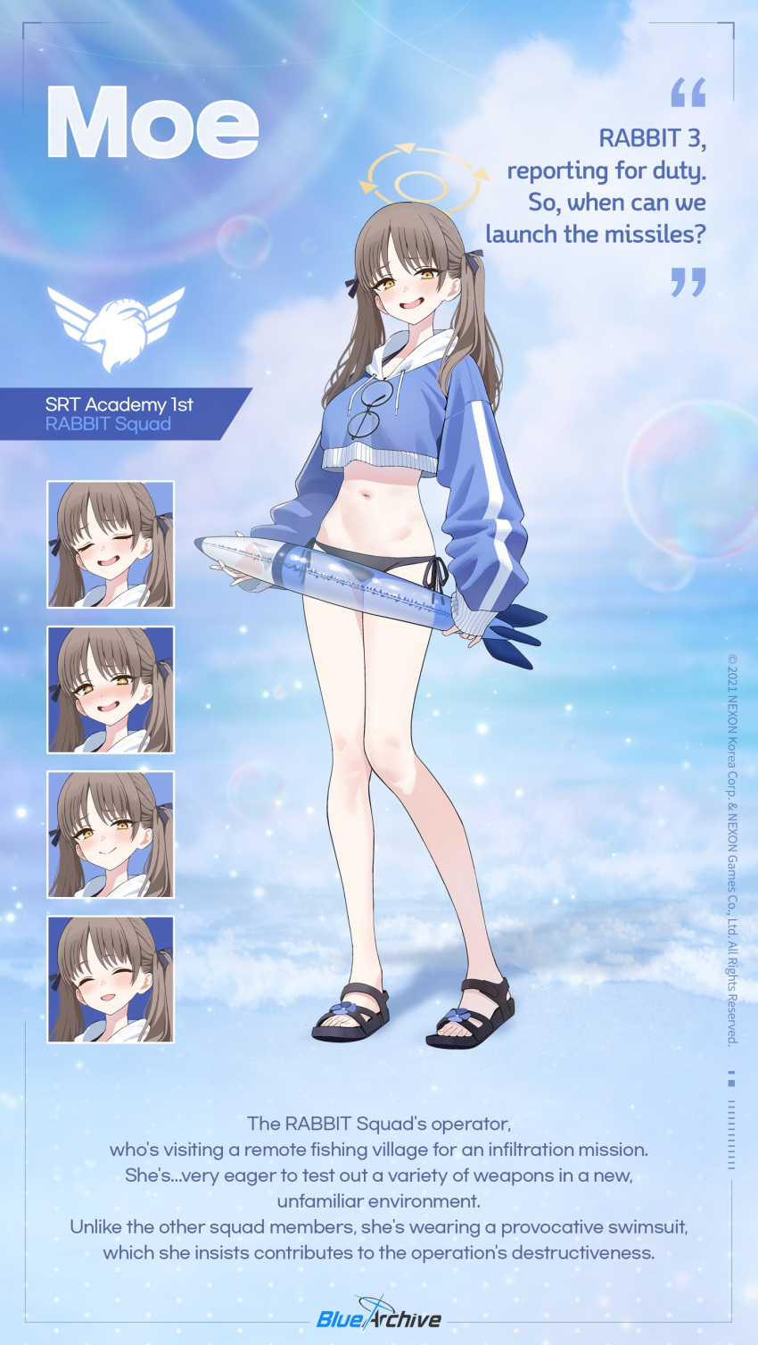 1girl, absurdres, bikini, black_bikini, blue_archive, blue_hoodie, blush, breasts
