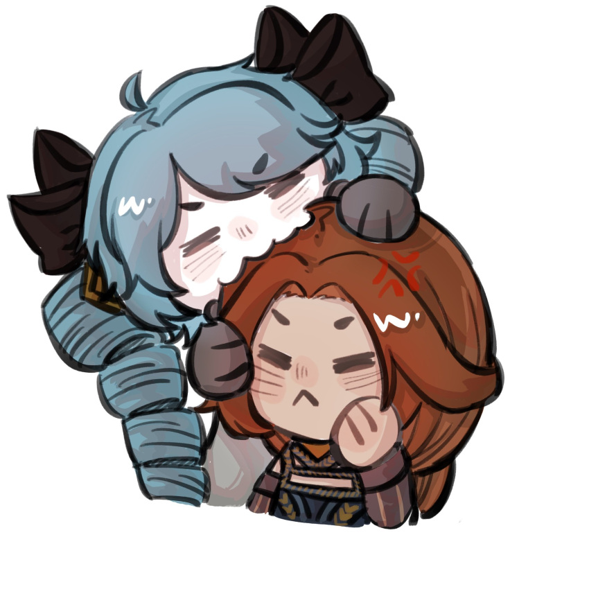 2girls, :<, anger_vein, biting_another's_head, black_bow, blush, bow, brown_hair