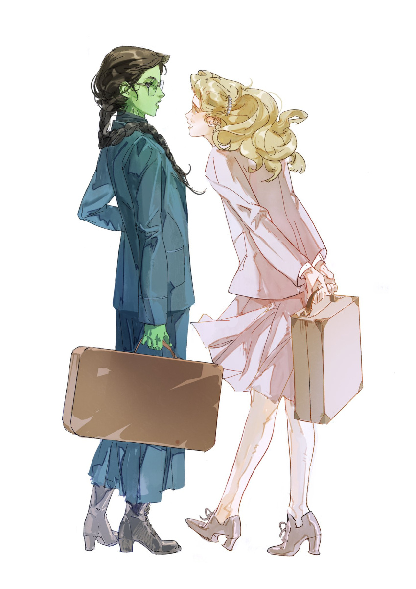 2girls, arms_behind_back, black_hair, blonde_hair, blue_jacket, blue_skirt, boots, braid