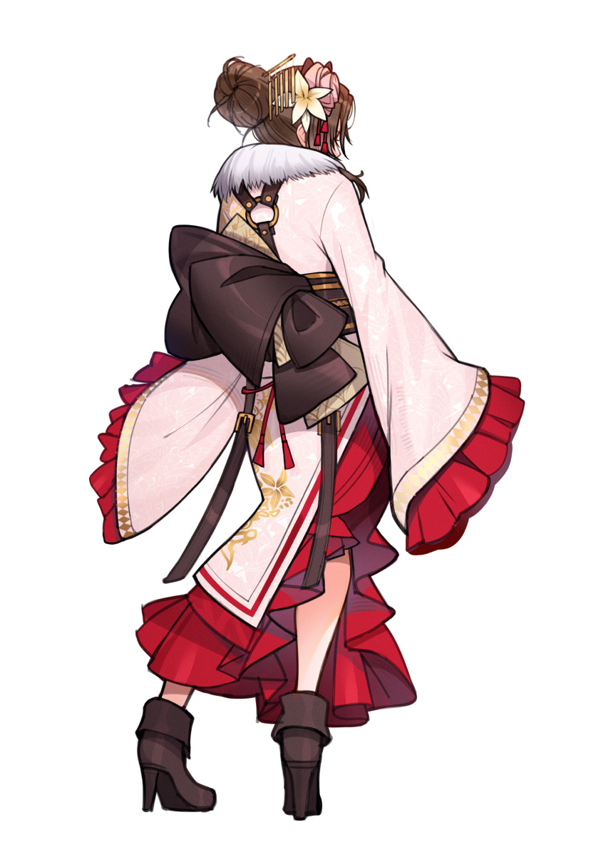 1girl, absurdres, aerith_gainsborough, aerith_gainsborough_(festive_crimson_attire), boots, brown_footwear, brown_hair, facing_away