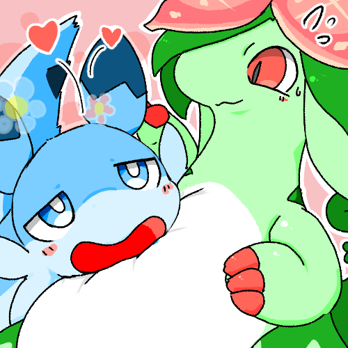 :3, adex_thunder, animal_focus, blue_eyes, blush, blush_stickers, bright_pupils, chillet, closed_mouth, commentary_request, dinossom, flying_sweatdrops, half-closed_eyes, happy, happy_aura, head_on_another's_stomach, heart, looking_at_another, lowres, no_humans, open_mouth, outline, palworld, pink_background, red_eyes, smile, spoken_heart, sweat, upper_body, white_outline, white_pupils