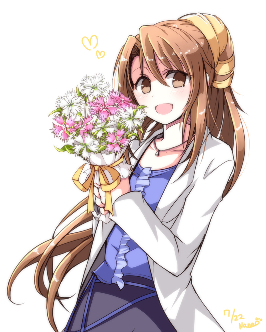 1girl, black_skirt, blue_shirt, blush, bouquet, brown_eyes, brown_hair, dirge_of_cerberus_final_fantasy_vii