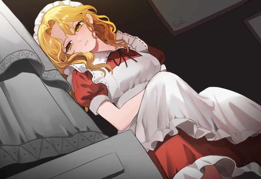 1girl, absurdres, apron, black_ribbon, blonde_hair, breasts, closed_mouth, collared_dress, commentary_request, commission, dress, dutch_angle, frilled_apron, frilled_dress, frills, highres, indoors, long_hair, maid, maid_apron, maid_headdress, medium_breasts, neck_ribbon, pixiv_commission, puffy_short_sleeves, puffy_sleeves, red_dress, ribbon, sarukana, short_sleeves, sitting, solo, touhou, touhou_(pc-98), wavy_hair, white_apron, yellow_eyes, yumeko_(touhou)