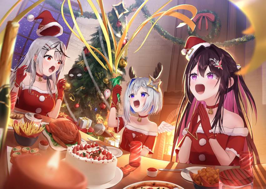 3girls, =_hair_ornament, absurdres, amane_kanata, angel_wings, azki_(hololive), bell, birthday_cake