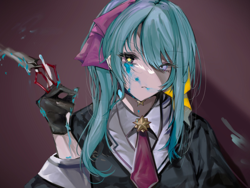 1girl, aqua_blood, ascot, bad_source, black_gloves, blood, blood_on_wall, blue_blood