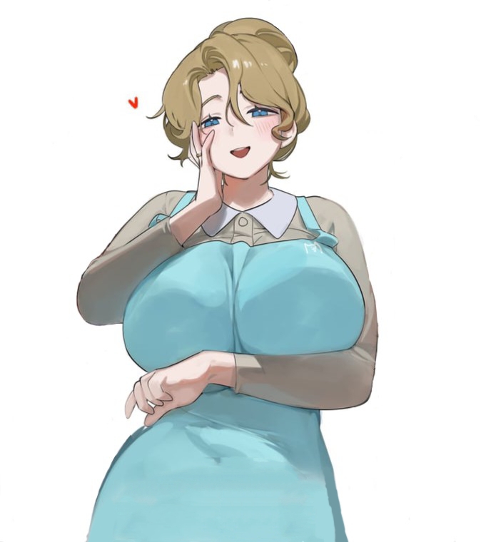 1girl, apron, aqua_apron, blue_eyes, blush, breasts, brown_hair, brown_shirt