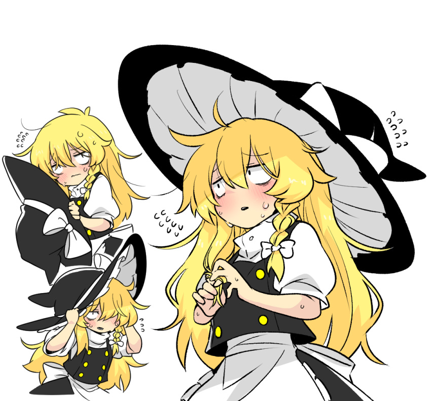 1girl, apron, bags_under_eyes, black_hat, black_vest, blonde_hair, blush, bow