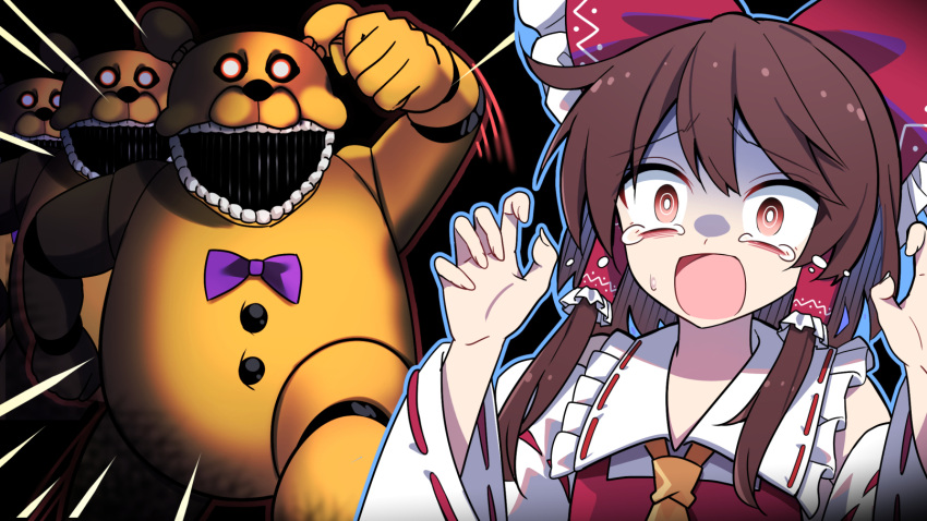 1girl, ascot, black_background, bow, bright_pupils, brown_eyes, brown_hair, commentary_request