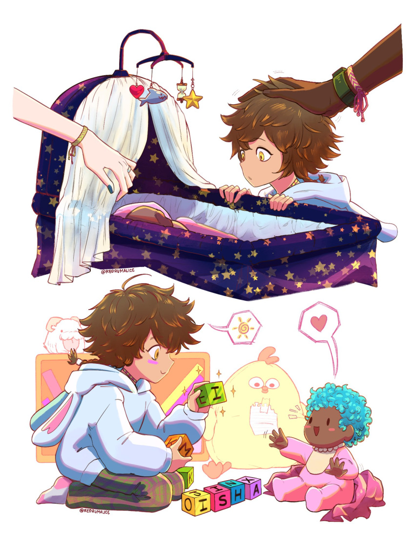 1boy, 3girls, alice_(redrumalice), animal_hood, arcane:_league_of_legends, baby, bed, brown_hair